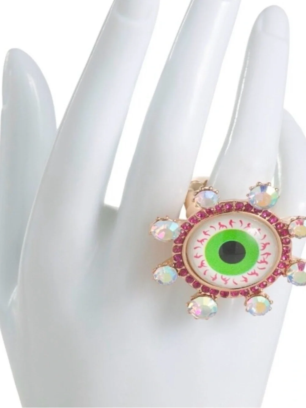 Betsey Johnson Neon Green Eyeball Ring with Pink and Iridescent Accents Stretch